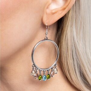 Silver Hoop Earrings w/Multicolor Gemstones